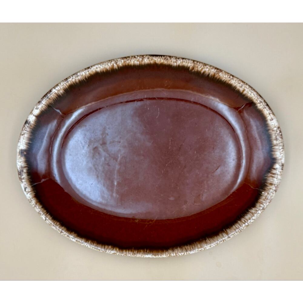 Vintage Hull Pottery USA Brown Drip Glaze Oval Serving Platter 12” Mid Century